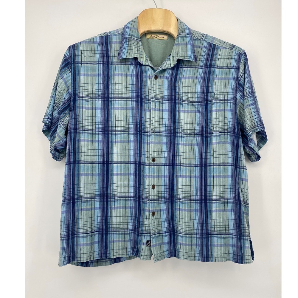 Tommy Bahama Button Down XXL Blue Green Excellent Silk Plaid Camp Shirt